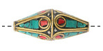 Nepalese Brass w/ Coral & Turquoise Mosaic Plumes Long Rice Bead 35-37x15-16mm