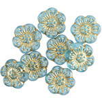 Czech Glass Matte Aquamarine w/ Gold Wild Rose Coin 13mm