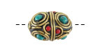 Nepalese Brass Double Rings w/ Turquoise & Coral Dots Rice Bead 21-22x15mm