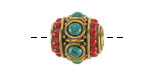 Nepalese Brass Turquoise, & Small Coral Dots Large Barrel Bead 16x15mm