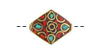 Nepalese Brass w/ Floral Turquoise & Coral Mosaic Diamond Focal Bead 20-21x17-18mm