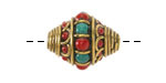 Nepalese Brass Bands w/ Turquoise & Coral Alternating Dots & Coral Bands Large Rice Bead 21x17mm