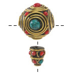 Nepalese Guru Bead w/ Turquoise & Coral Dots in Brass Concentric Circles 21x34mm