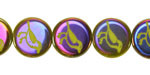 Czech Glass Laser Etched Bird on Wasabi w/ Rainbow Finish Coin 14mm