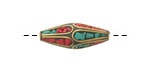Nepalese Brass Rice Bead w/ Turquoise & Coral Mosaic 22-30x8-10mm