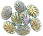 Czech Glass Blue Opal Swirl AB w/ Gold Fan Oval 17x12mm