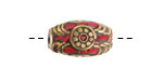 Nepalese Brass Rice Bead w/ Coral Mosaic 21x12mm
